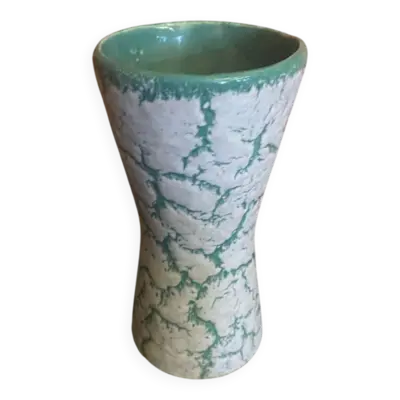 Vase diabolo Vallauris en céramique craquelée blanche et verte