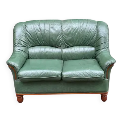 Canapé vintage 2 places en cuir vert et bois massif