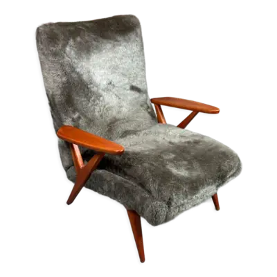 Fauteuil scandinave vintage 50's en hêtre teinté et tissus peluche