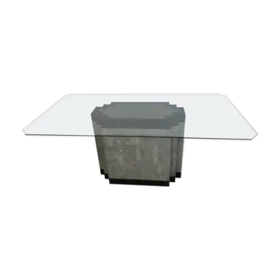 Table à manger postmoderne en pierre et marbre avec socle en laiton et plateau e