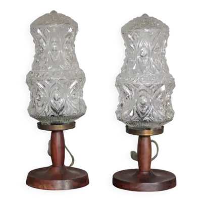 paire de lampe vintage, lampe de chevet, lampe globe verre, pied bois, déco