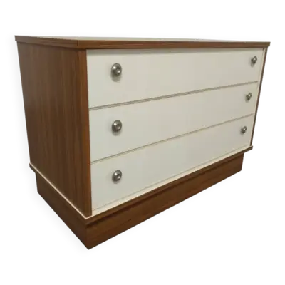 Commode basse 3 tiroirs acajou et satin blanc, France vers 1980