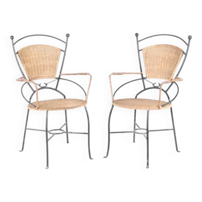 Paire de fauteuils en fer et rotin