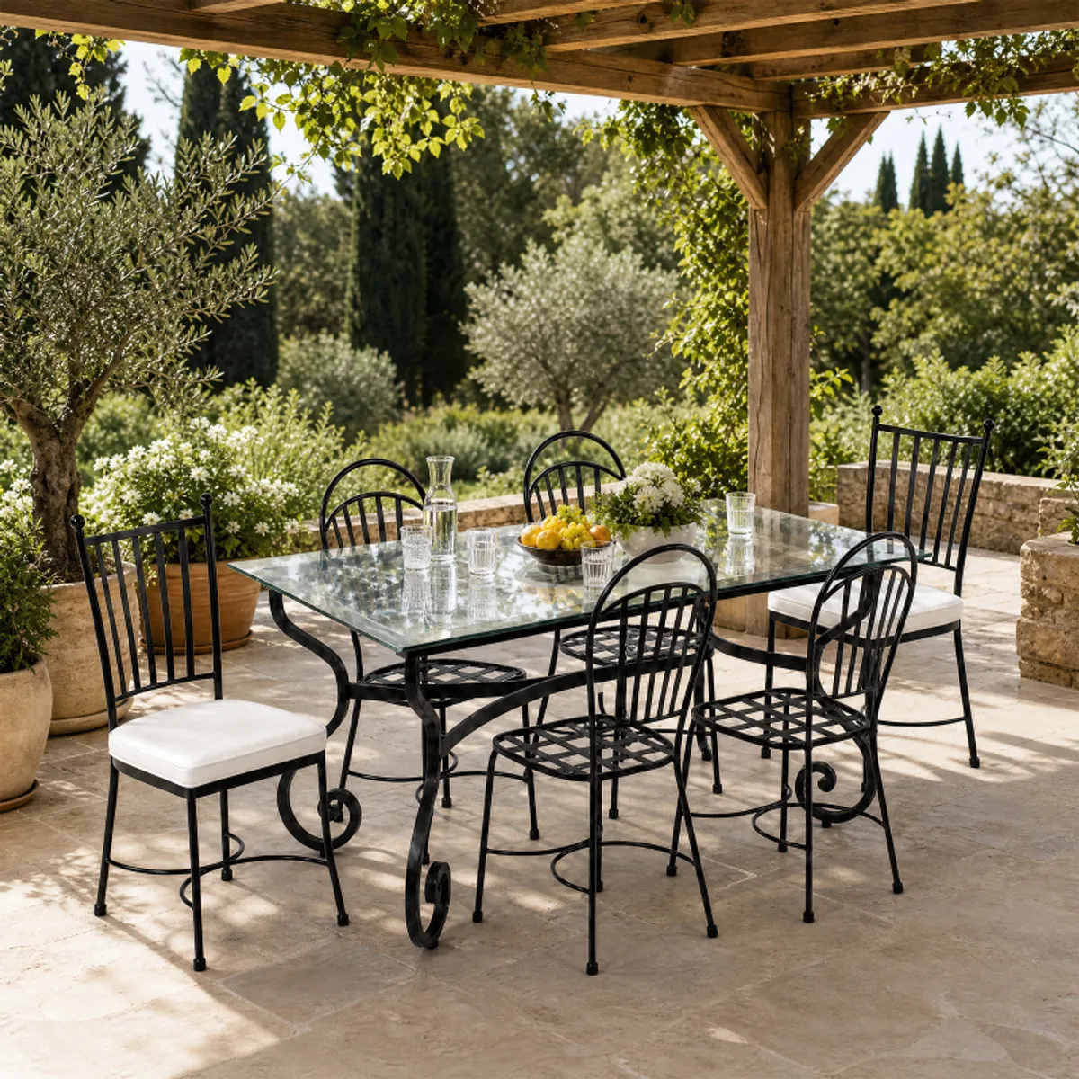 Damasco - Table de jardin provençale plateau verre avec pieds en acier — vue 4
