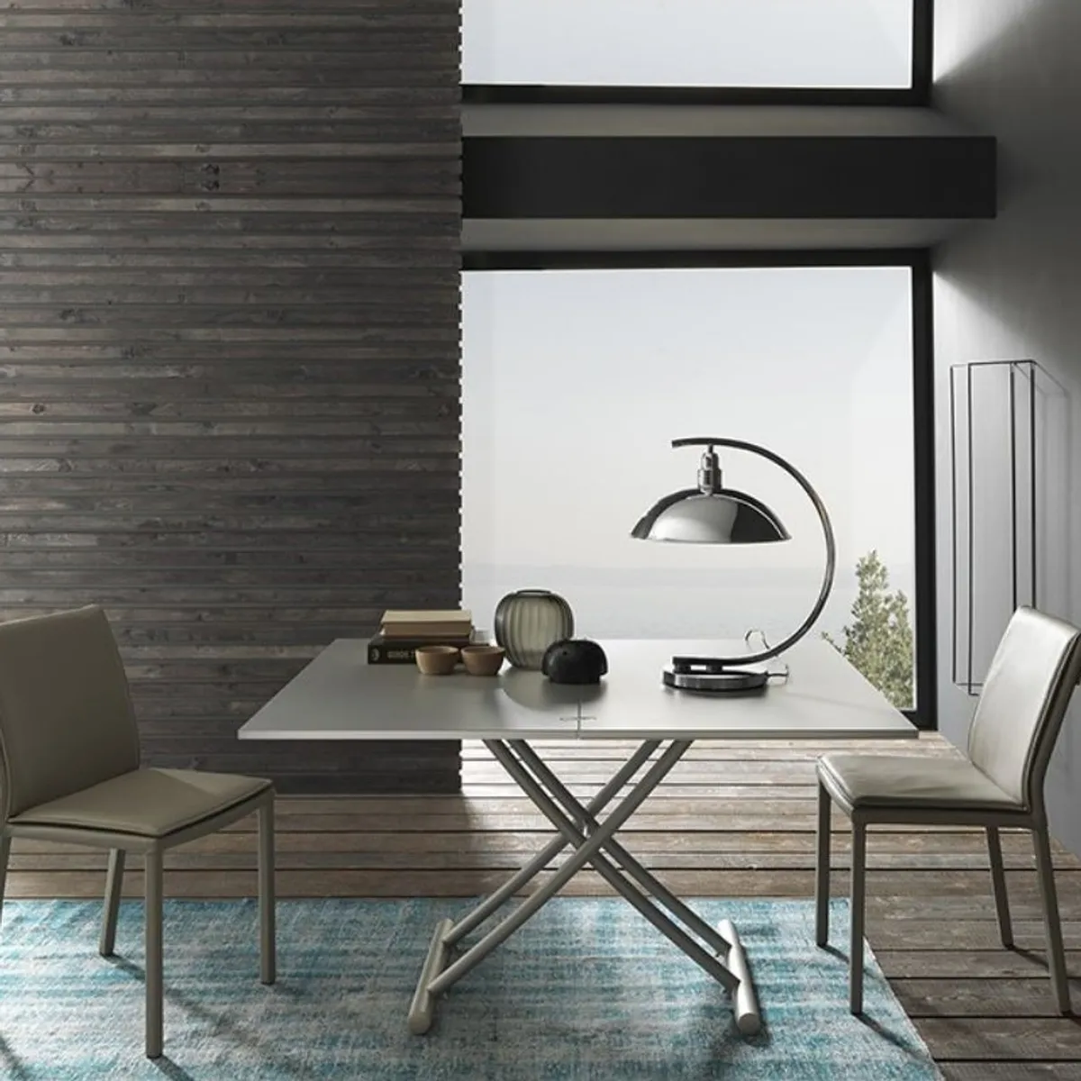 Bessy - Table basse relevable avec plateau pliant en céramique et pieds métal