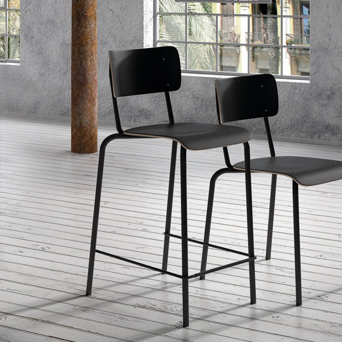 Collège - Tabouret snack vintage avec dossier en bois et métal — vue 4