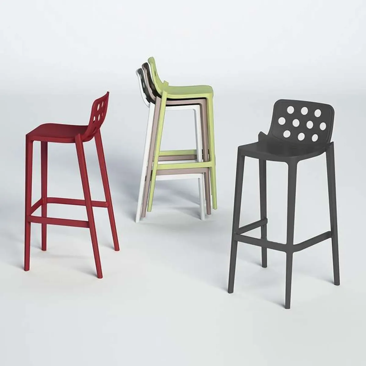 Isidoro - Tabouret de bar d'extérieur moderne empilable avec dossier ronds ajourés