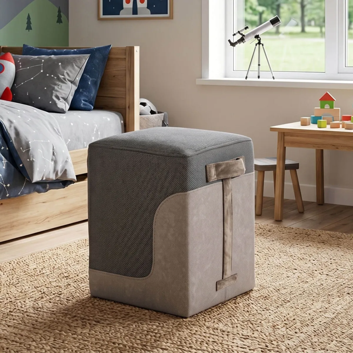 Piaf - Pouf carré bicolore et bimatière