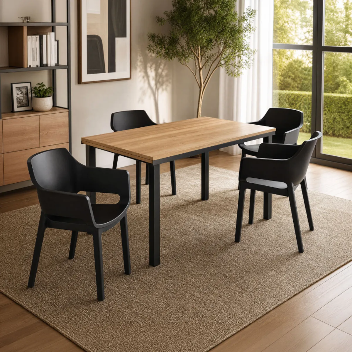 Valentina - Table de cuisine extensible en mélaminé chêne naturel avec pieds en métal noir