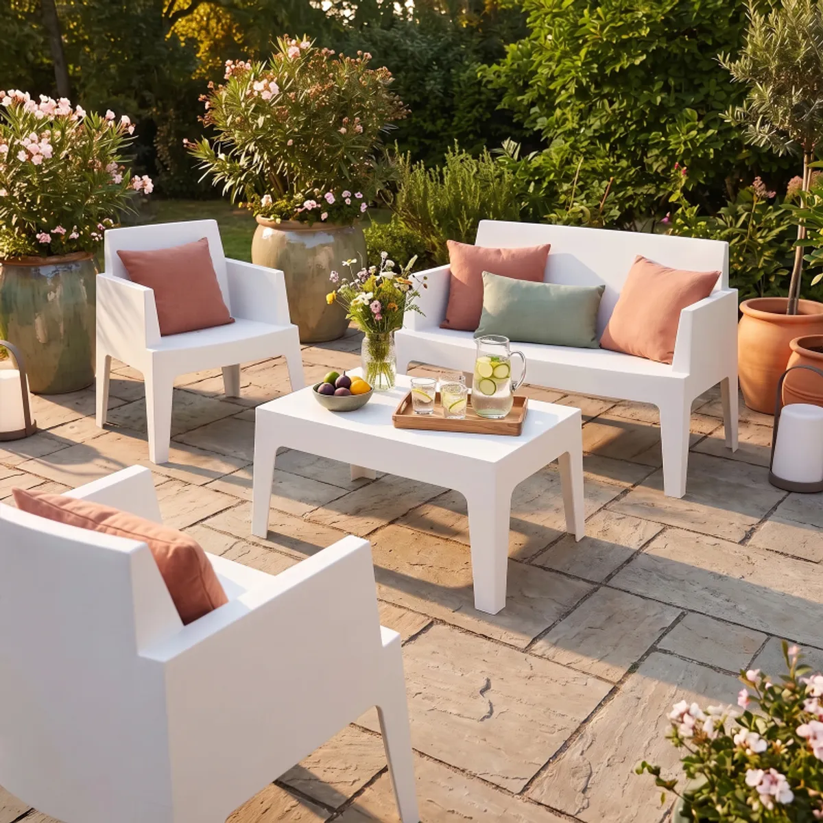 Box jardin 2 - Ensemble salon de jardin en polypropylène (2 fauteuils, 1 banquette et 1 table basse)