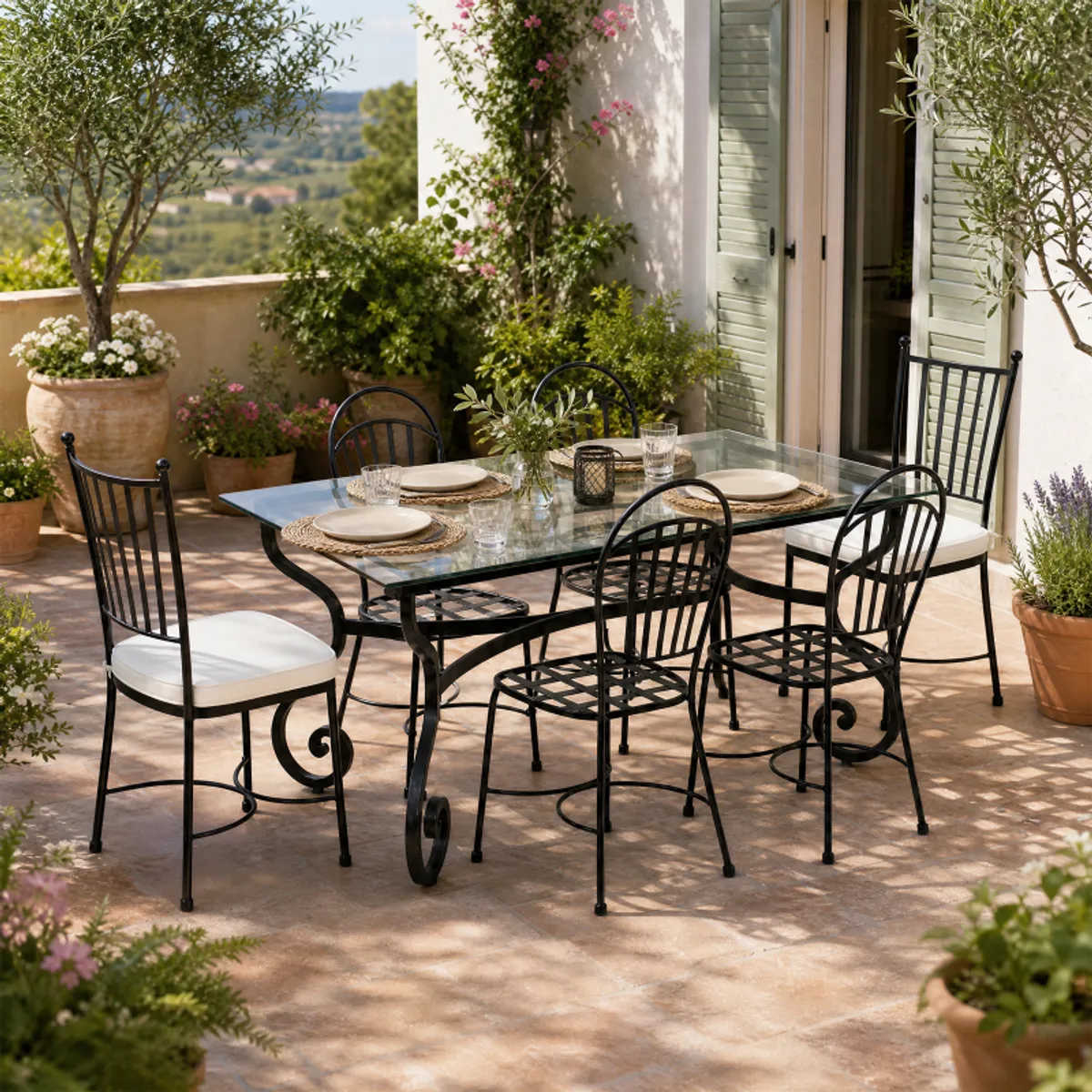 Damasco - Table de jardin provençale plateau verre avec pieds en acier