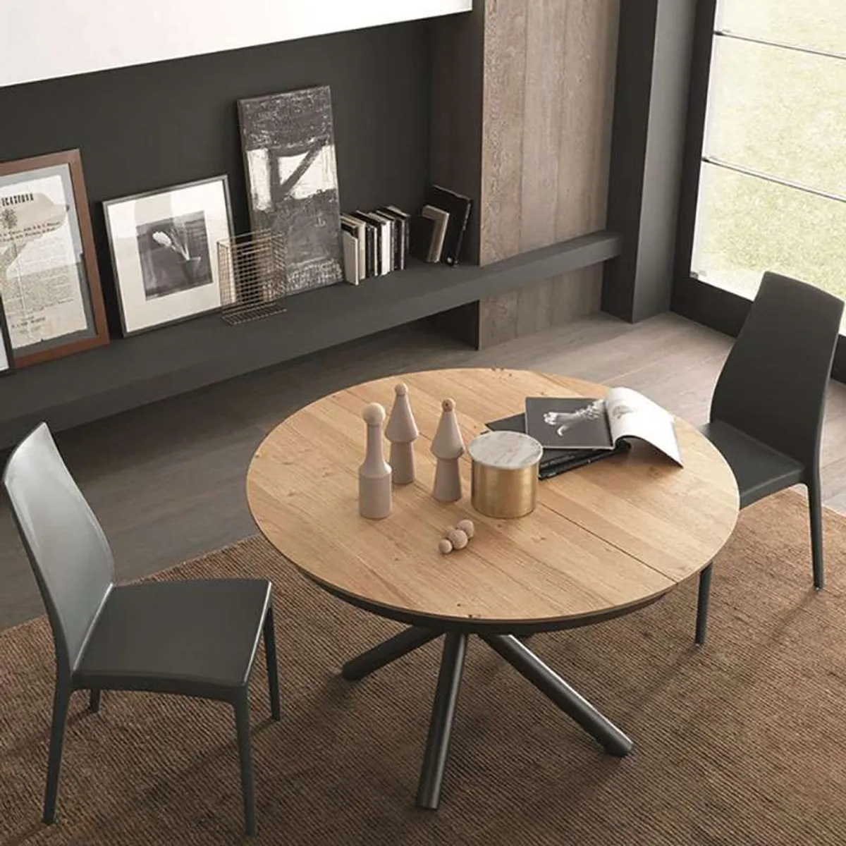Fahrenheit - Table design extensible ronde en bois avec pied central forme mikado — vue 4