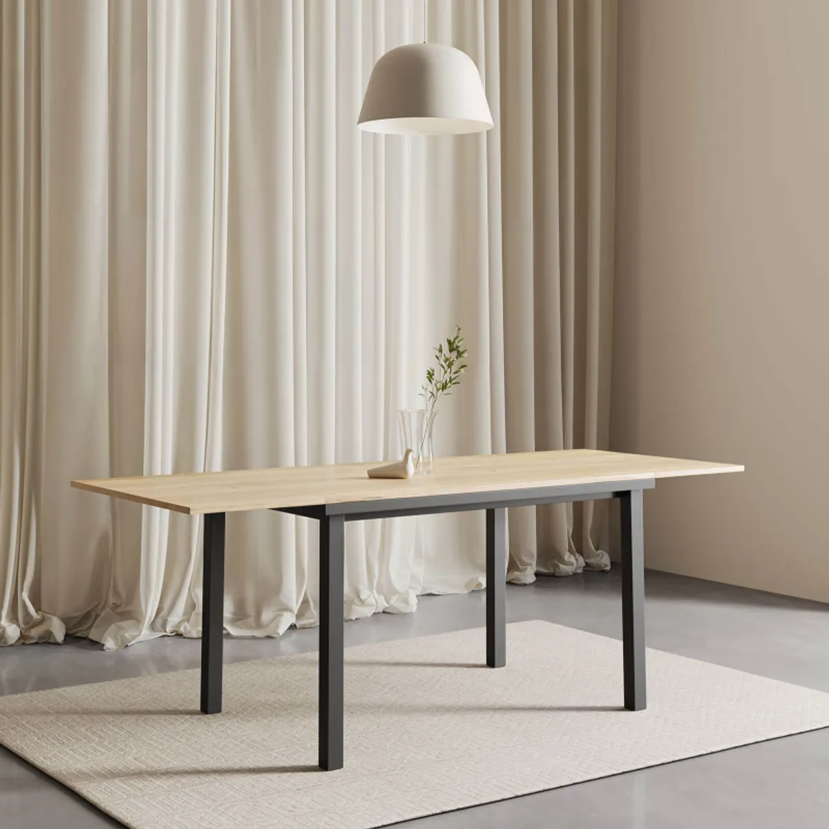 Valentina - Table de cuisine extensible en mélaminé chêne naturel avec pieds en métal noir — vue 4