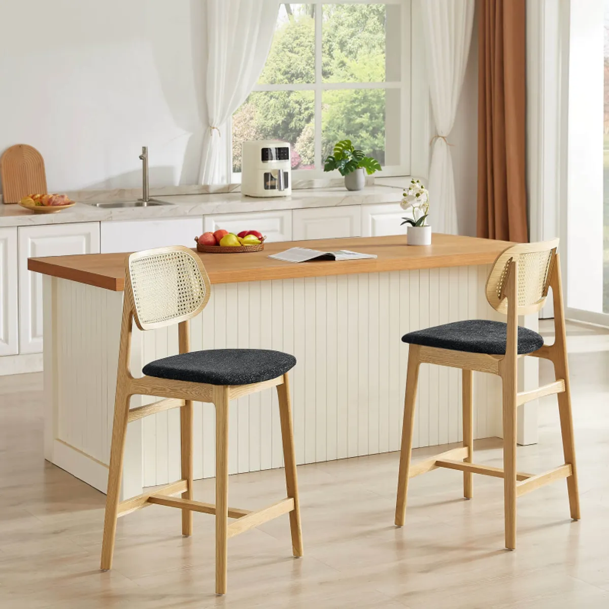 Augustin - Tabouret snack avec dossier en cannage et assise en tissu — vue 5