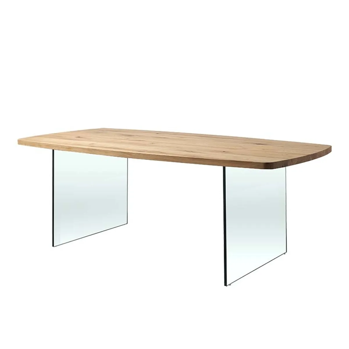 Carte - Table de salle à manger pieds en verre et plateau tonneau en bois massif