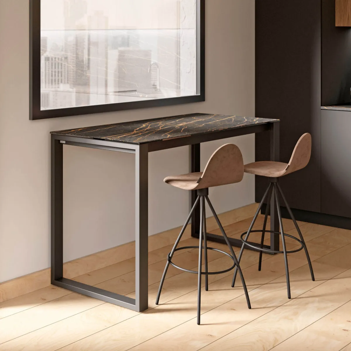 Neox - Table snack en céramique avec pieds forme traineau en métal faible profondeur