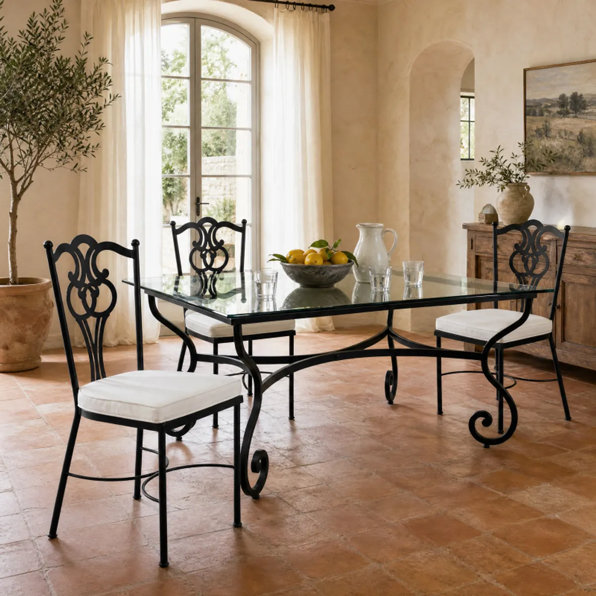 Damasco - Table style provençal plateau verre avec pieds en acier