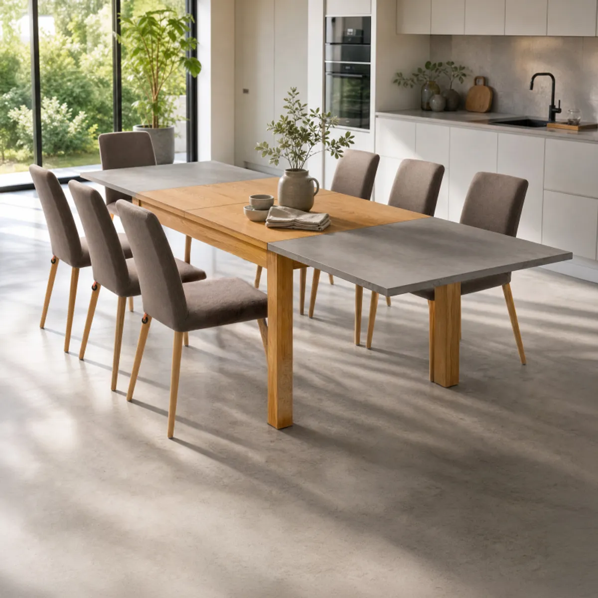 Repas - Table française extensible en béton ciré et bois massif