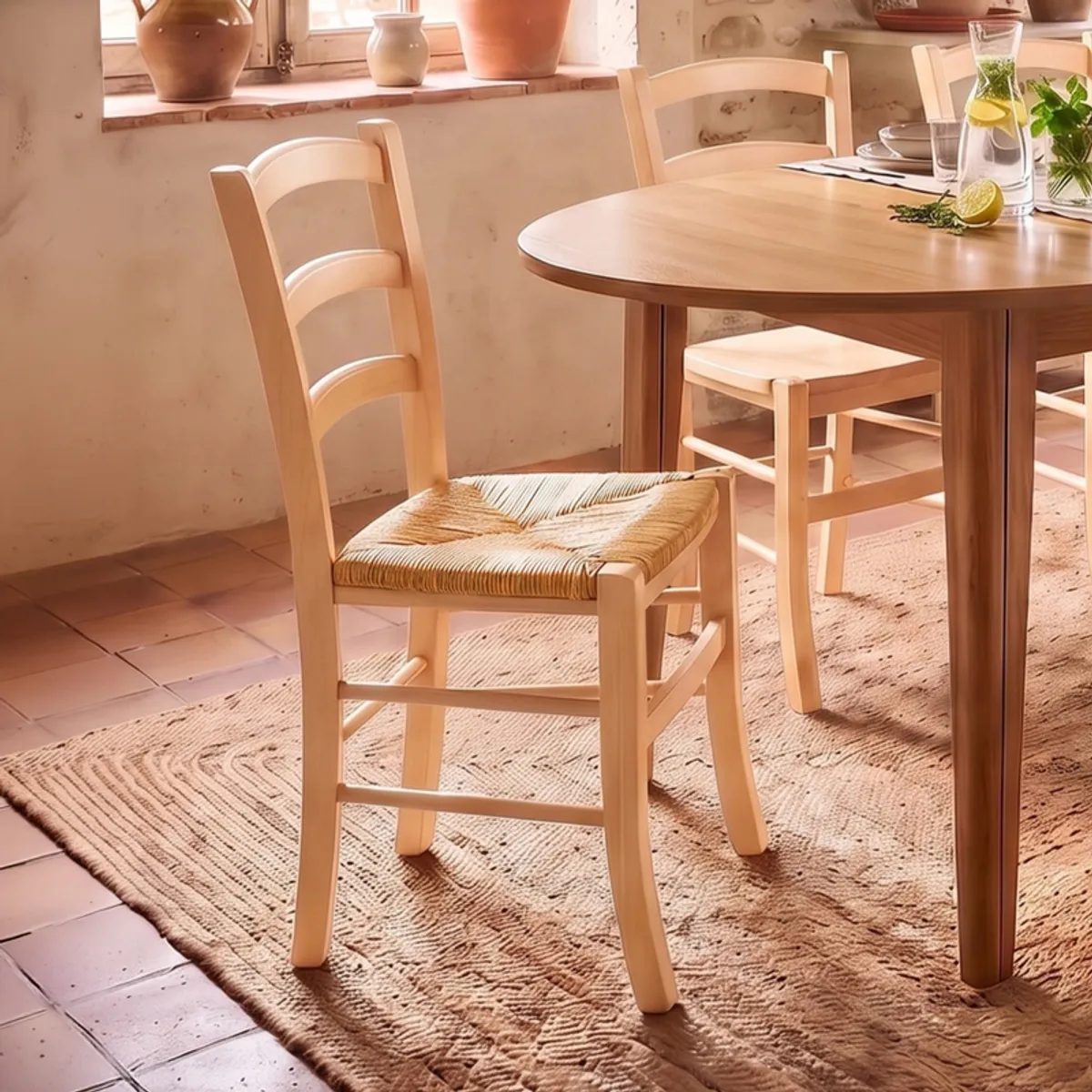 Brocéliande - Chaise de cuisine rustique en bois massif et paille