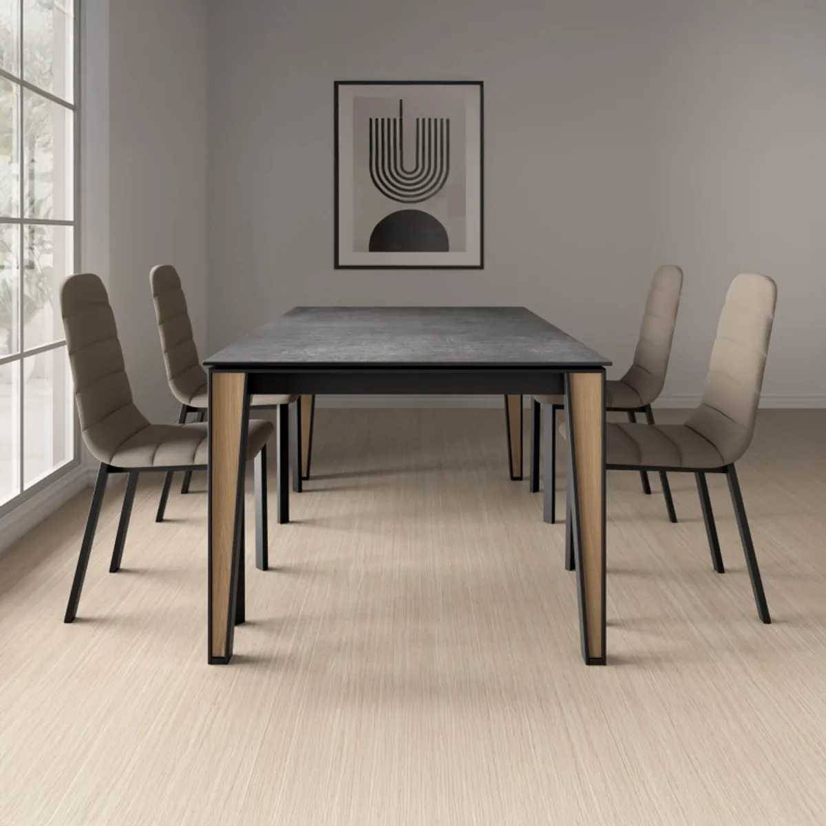 Okaso - Table moderne en céramique avec pieds en bois et métal