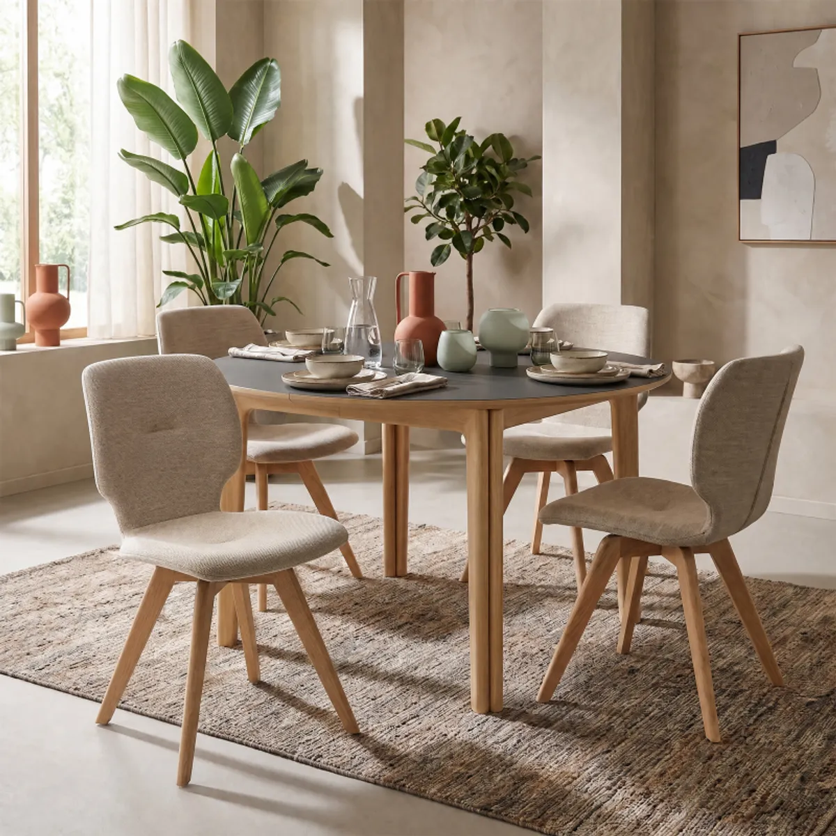 SM112 - Table ronde extensible en stratifié et pieds bois conçue au Danemark