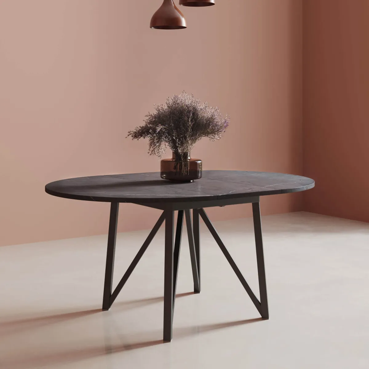 Clair de Lune - Table ronde extensible en stratifié imitation marbre avec pieds en métal anthracite — vue 4