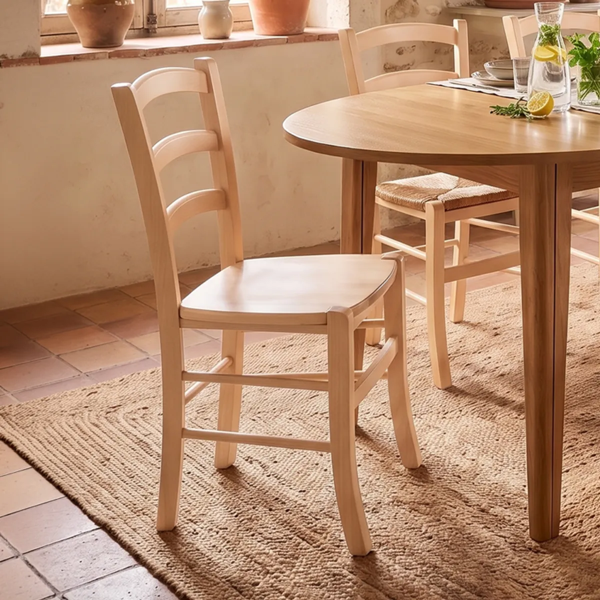 Brocéliande - Chaise de cuisine rustique en bois massif avec assise bois