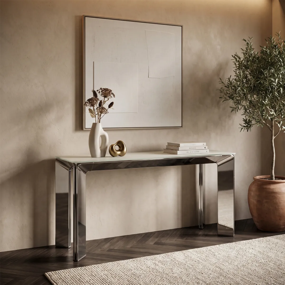 Class - Console en verre et pieds aluminium fabriquée en Italie