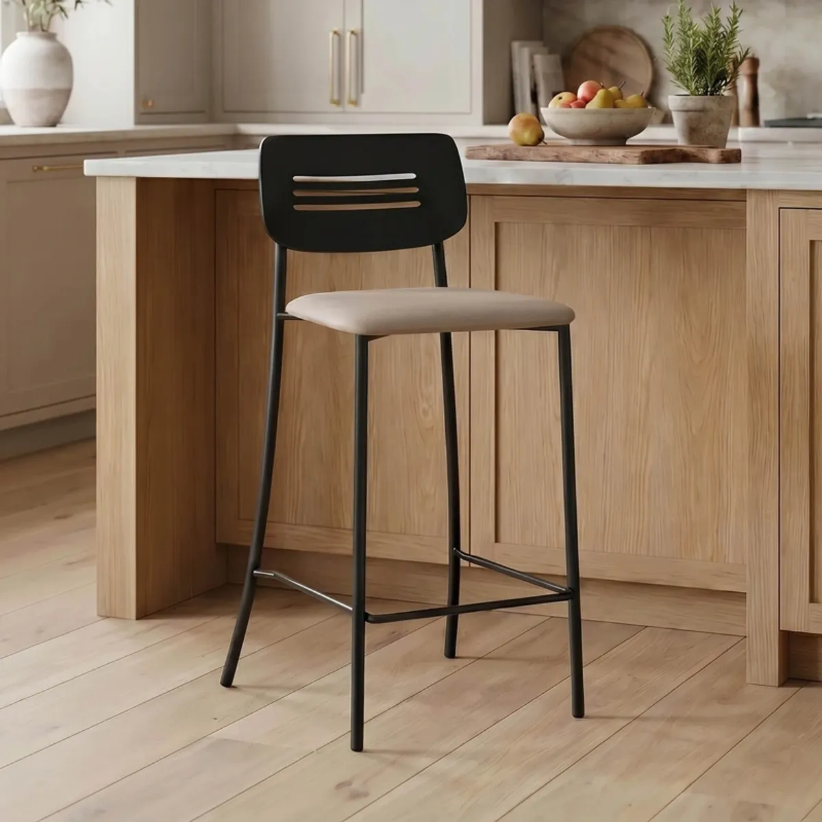 Miro - Tabouret snack de cuisine en simili rembourré avec dossier strié en métal