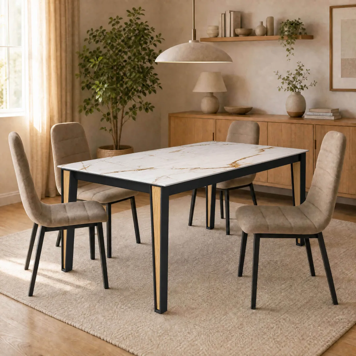Okaso - Table moderne extensible en céramique avec pieds bois et métal