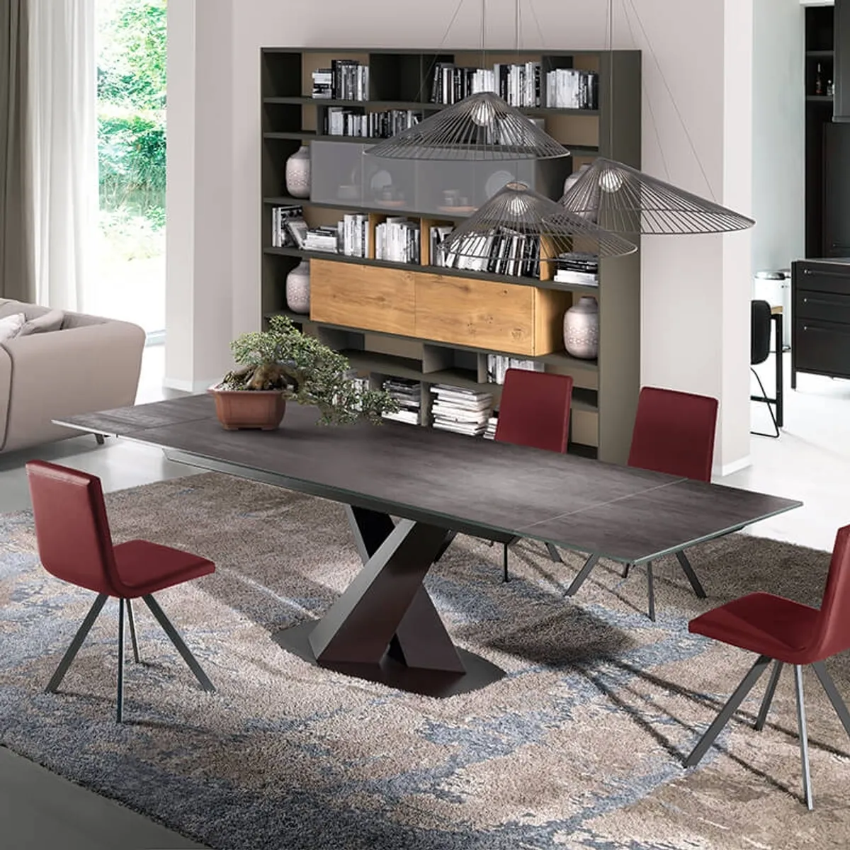 Victory - Table design en céramique avec allonges pied central en V