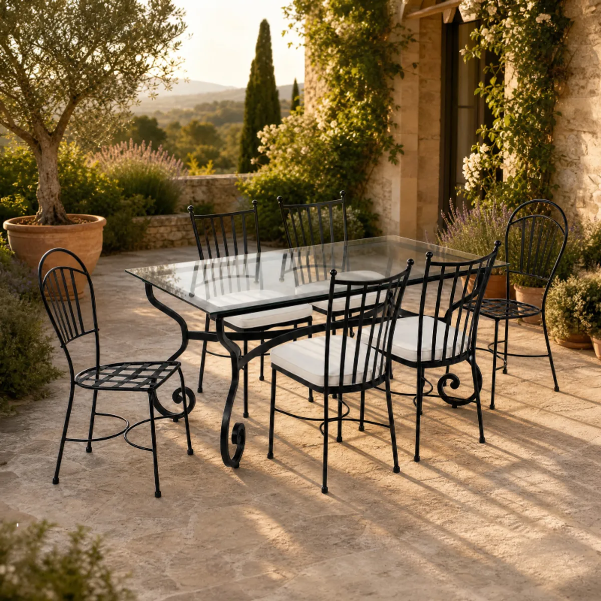 Damasco - Table de jardin provençale plateau verre avec pieds en acier — vue 5