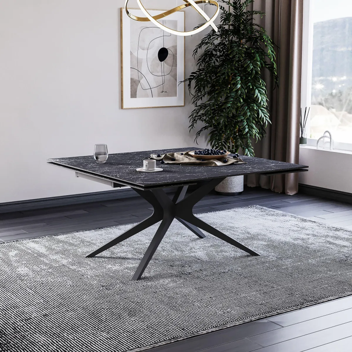 Hector - Table carrée extensible en céramique design avec pieds en métal
