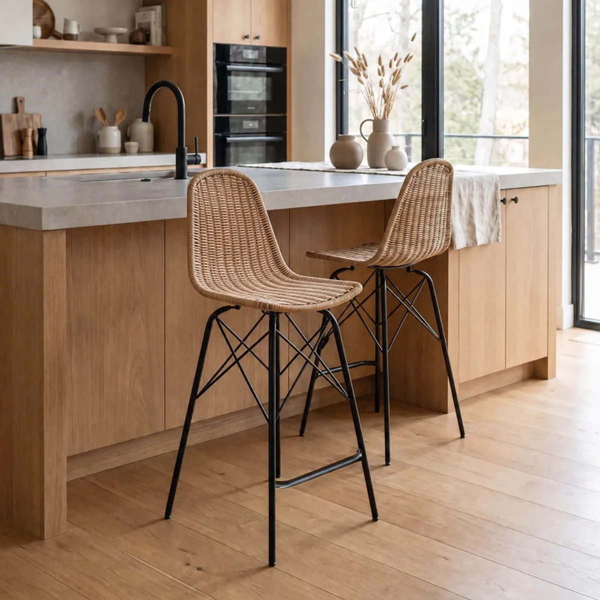 Java - Tabouret tressé ethnique avec pieds Eiffel — vue 4