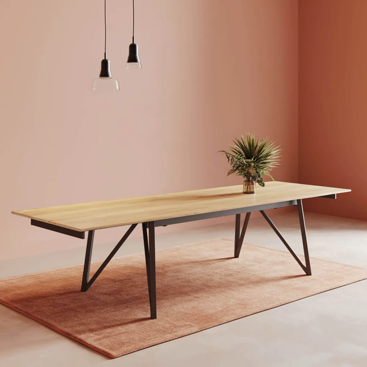 Claire - Table design extensible en mélaminé imitation chêne naturel avec pieds en métal noir — vue 4