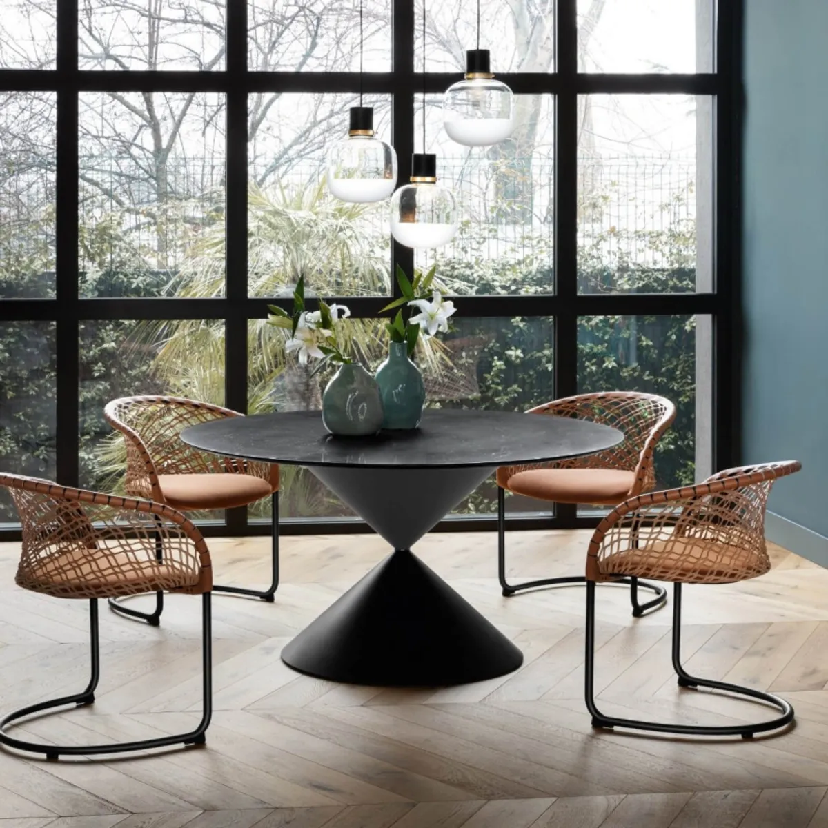 Clessidra Midj® - Table ronde design plateau céramique pied central sablier