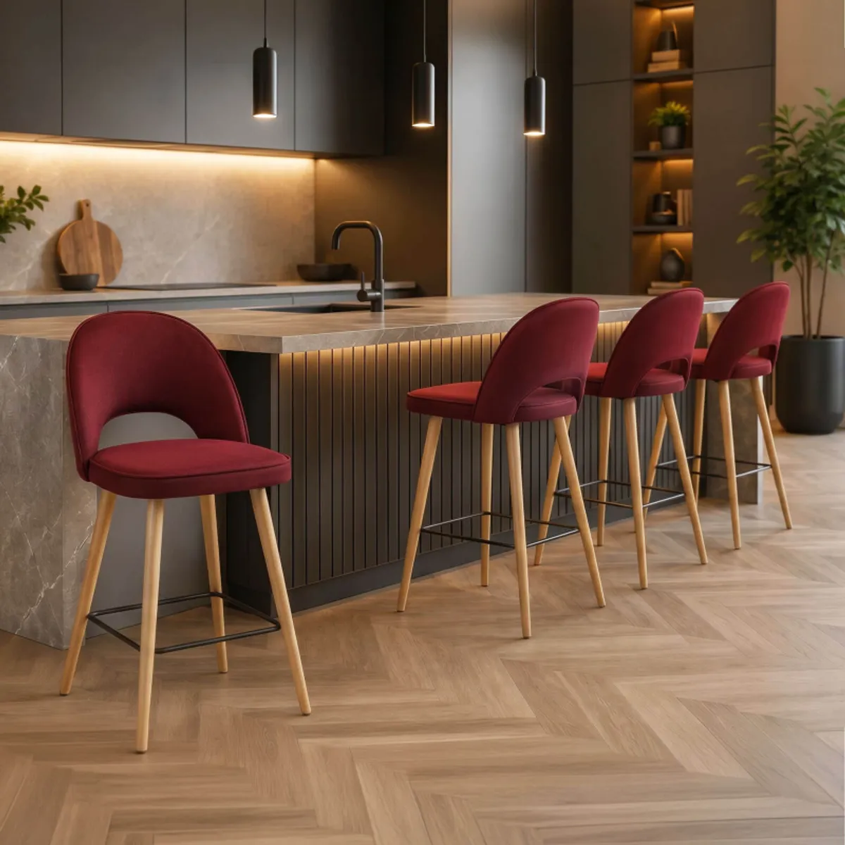 Bistrot - Tabouret snack en tissu dossier ajouré avec pieds en bois — vue 4