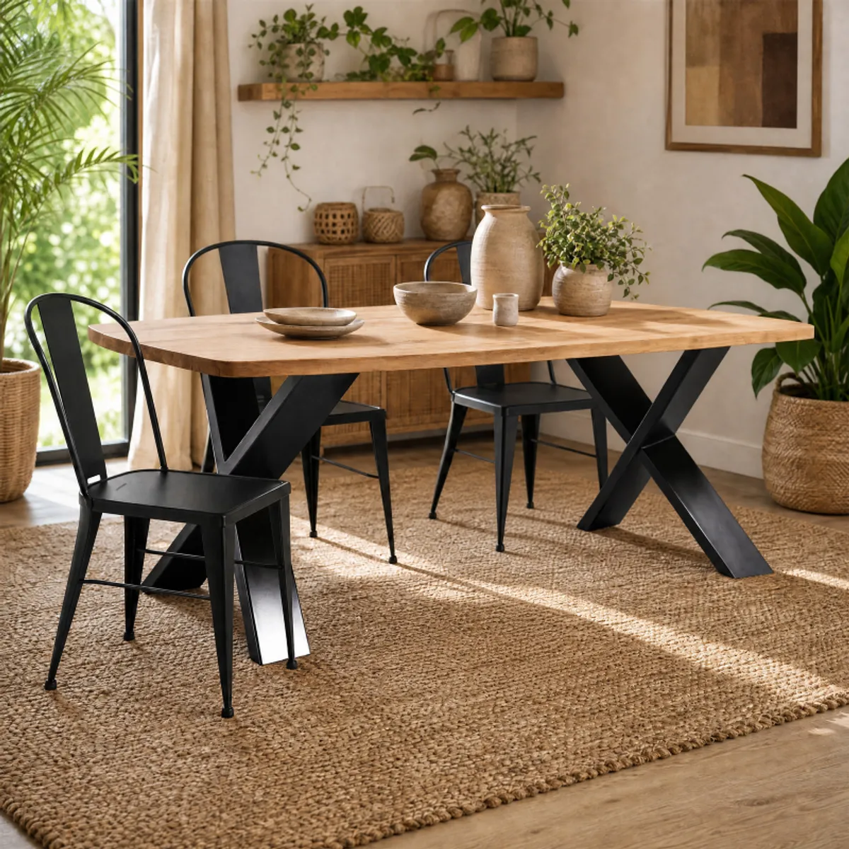Carte - Table industrielle forme tonneau en bois massif pieds croisés