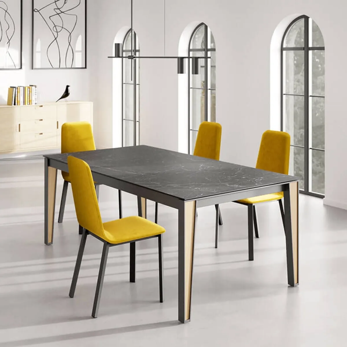 London - Table en Dekton extensible avec pieds en métal et bois