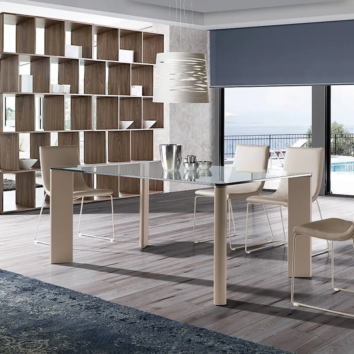 Play - Table de repas rectangle en verre avec pieds en acier moderne