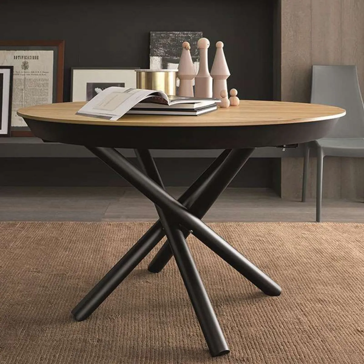 Fahrenheit - Table design extensible ronde en bois avec pied central forme mikado