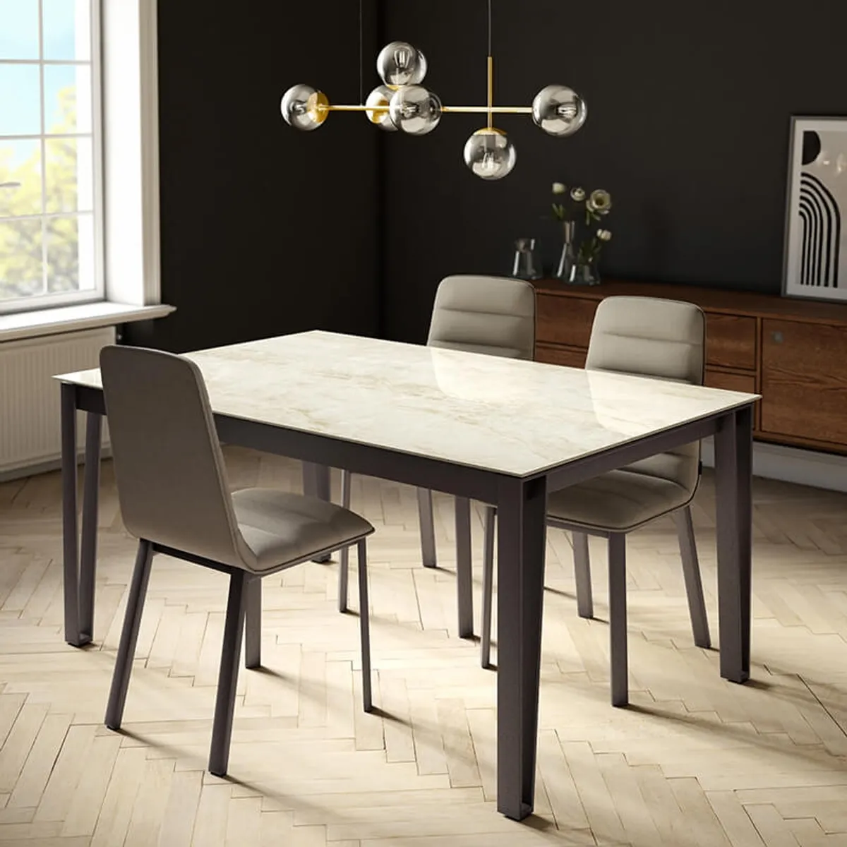 London - Table design en Dekton avec pieds épingle en métal