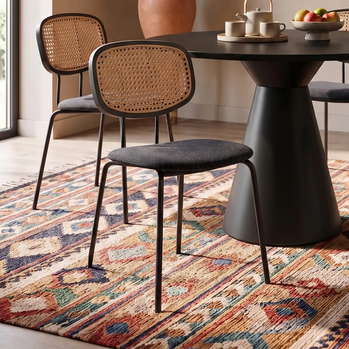 Ritmo - Chaise vintage dossier en cannage rotin et assise tissu