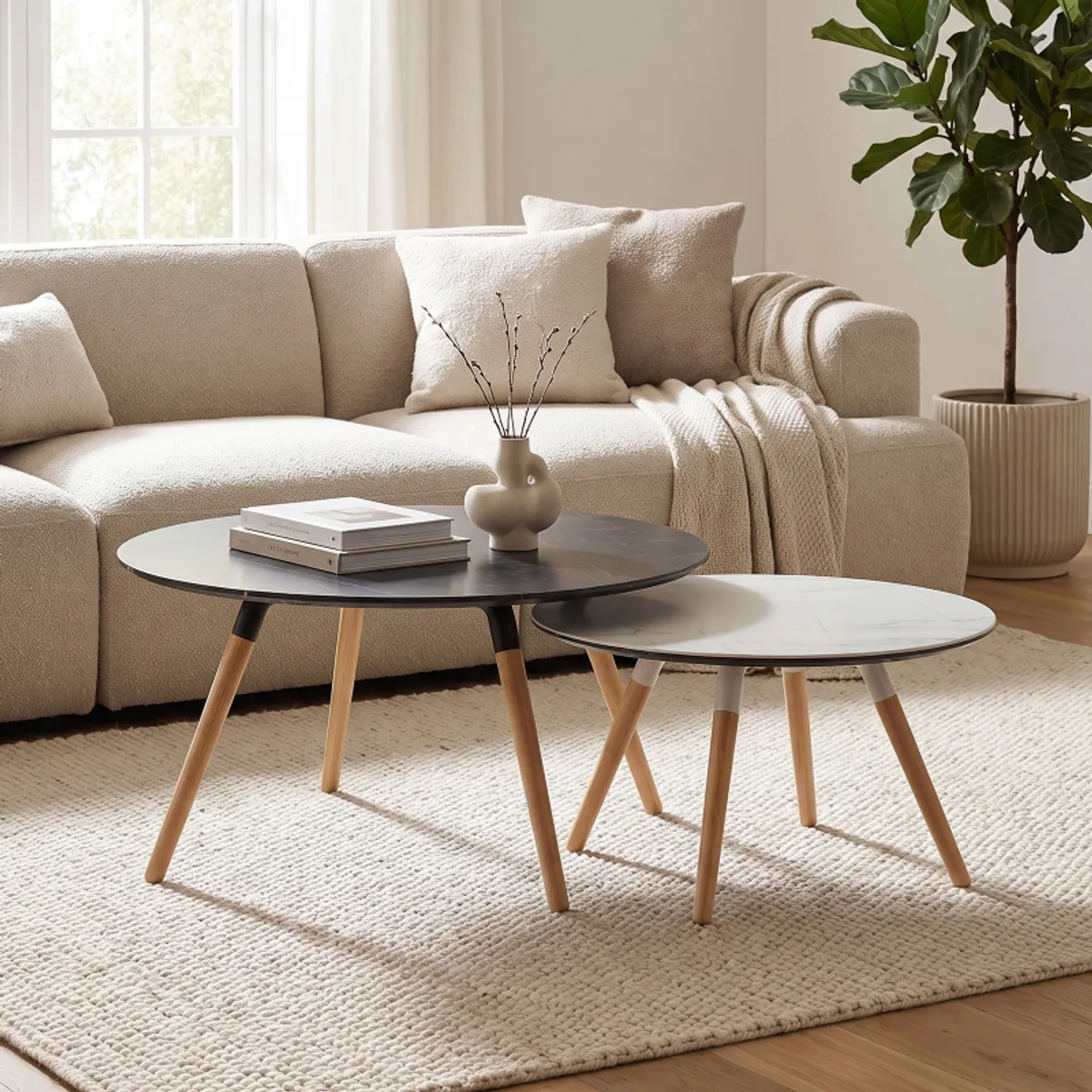 Nuba mini - Table basse ronde en céramique avec pieds en bois