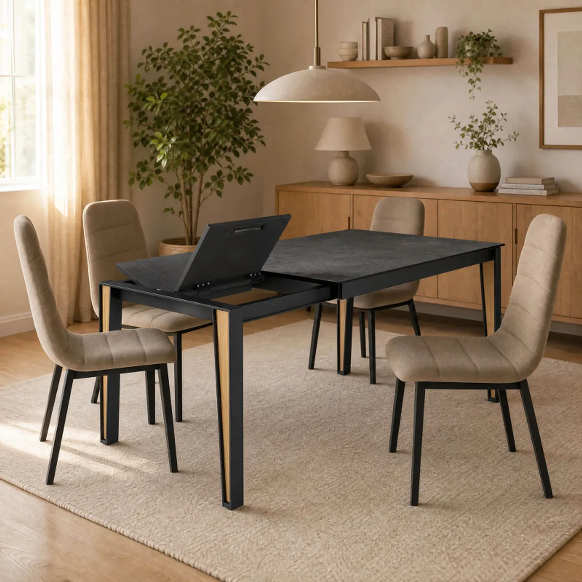 Okaso - Table moderne extensible en céramique avec pieds bois et métal — vue 4