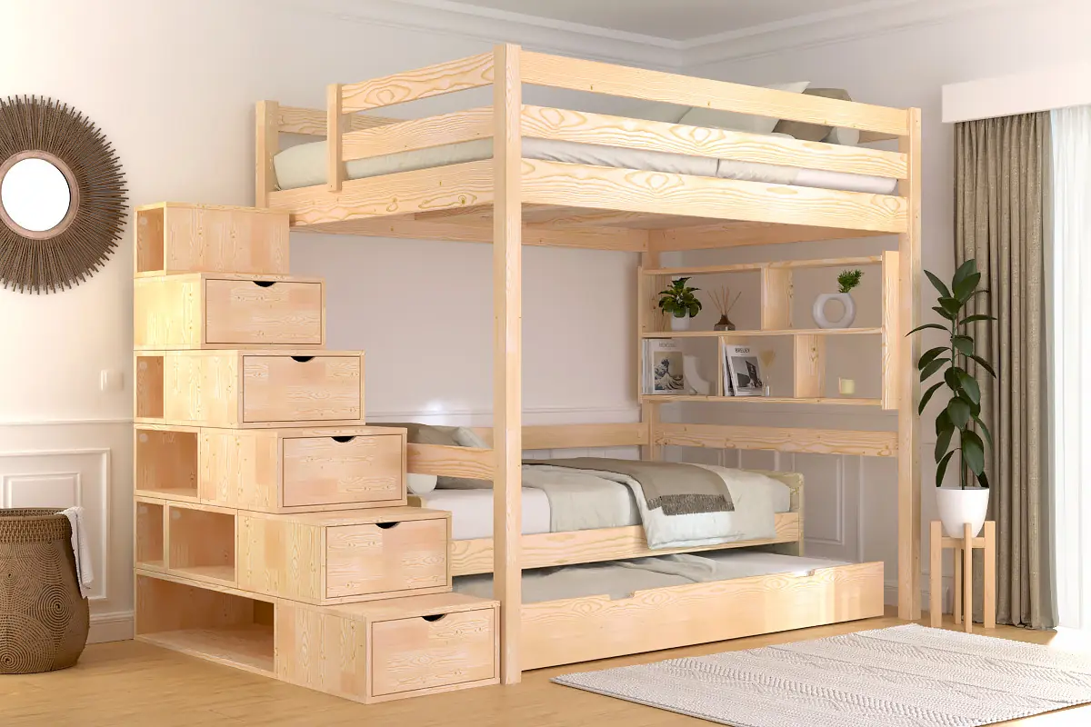 Lit mezzanine bois Sylvia avec escalier cube — vue 4