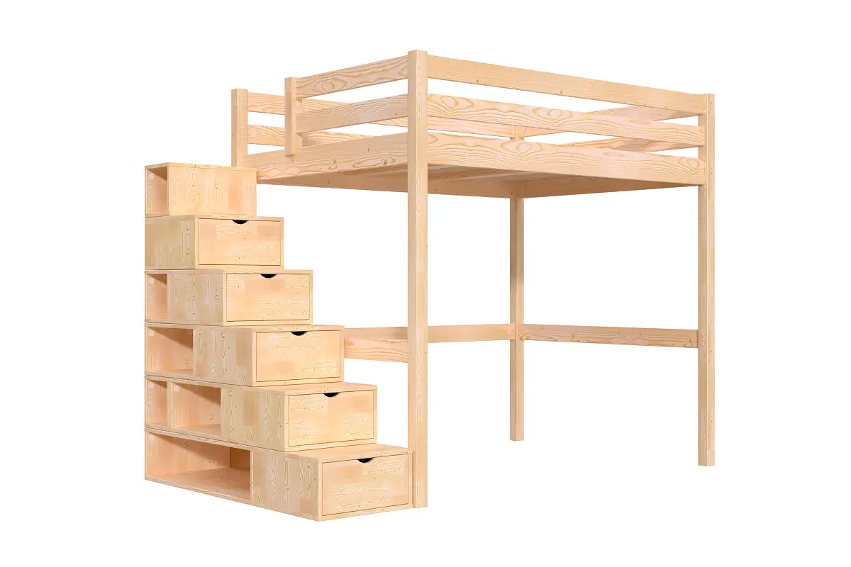 Lit mezzanine bois Sylvia avec escalier cube