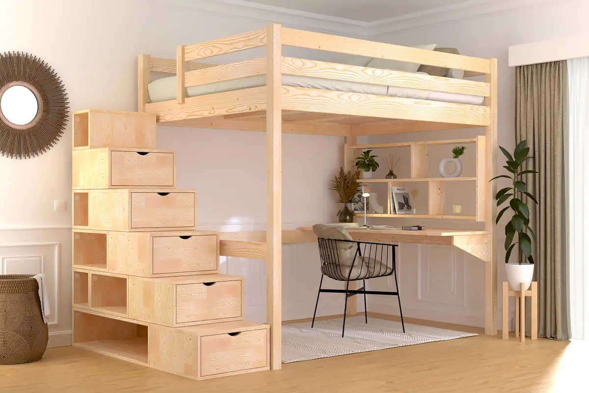 Lit mezzanine bois Sylvia avec escalier cube — vue 3