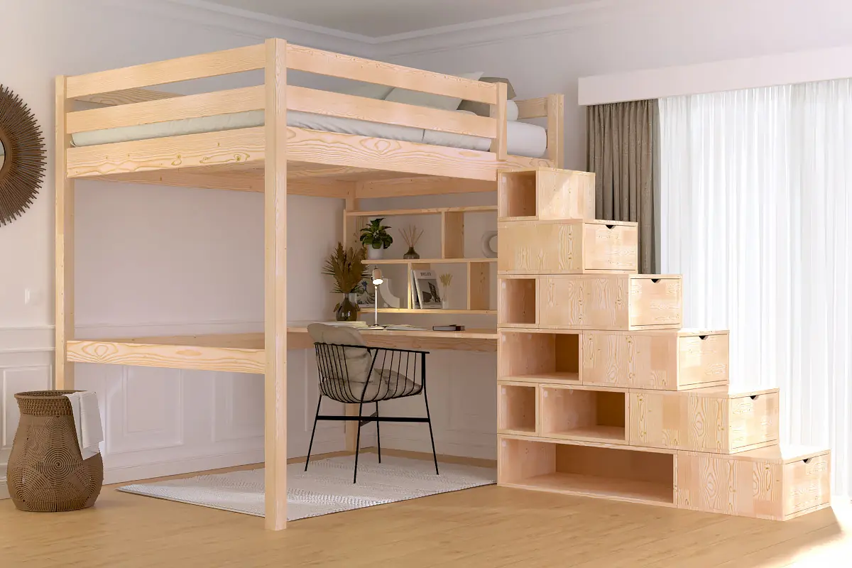Lit mezzanine bois Sylvia avec escalier cube — vue 6