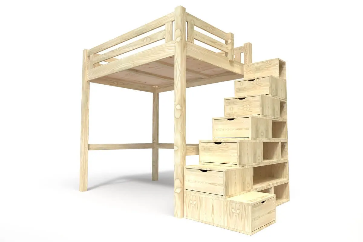 Lit Mezzanine adulte bois Alpage hauteur réglable + escalier cube